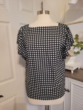 Ann Taylor Black and White Gingham Square Neck Women’s Top